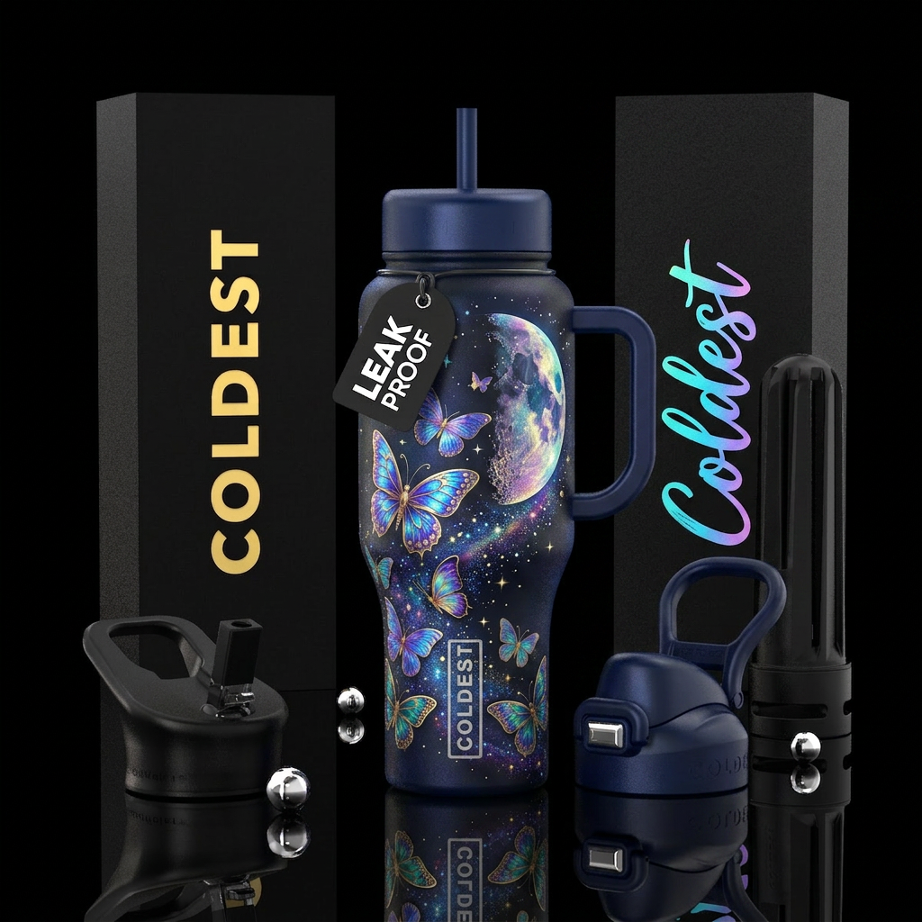 Moonlit butterfly with half moon and stars, shiny,... water bottle design