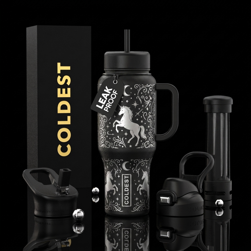 Black background with silver unicorns stars half m... water bottle design