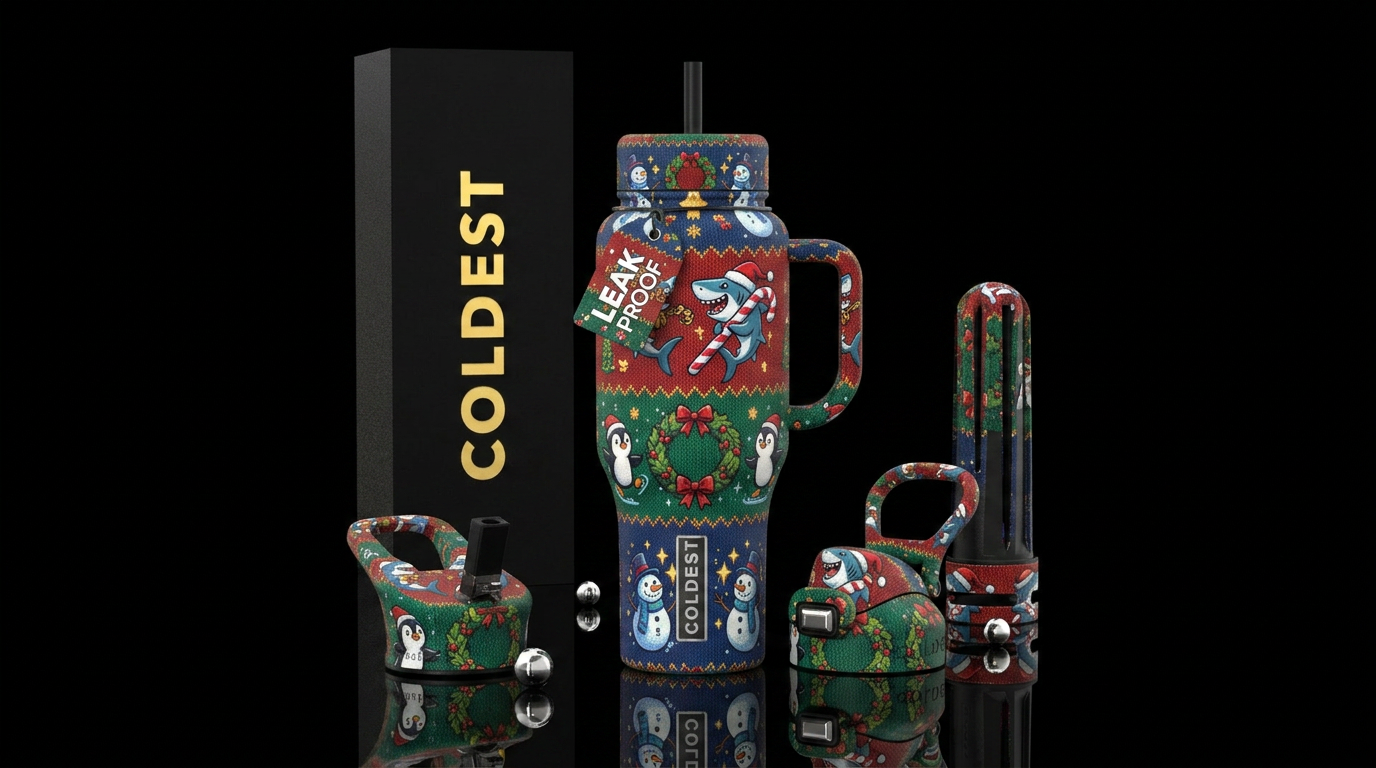 Ugly sweater christmas inspired snowmen wreaths pe... water bottle design