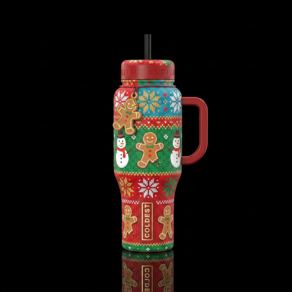 Ugly sweater christmas inspired snowmen gingerbrea... water bottle design