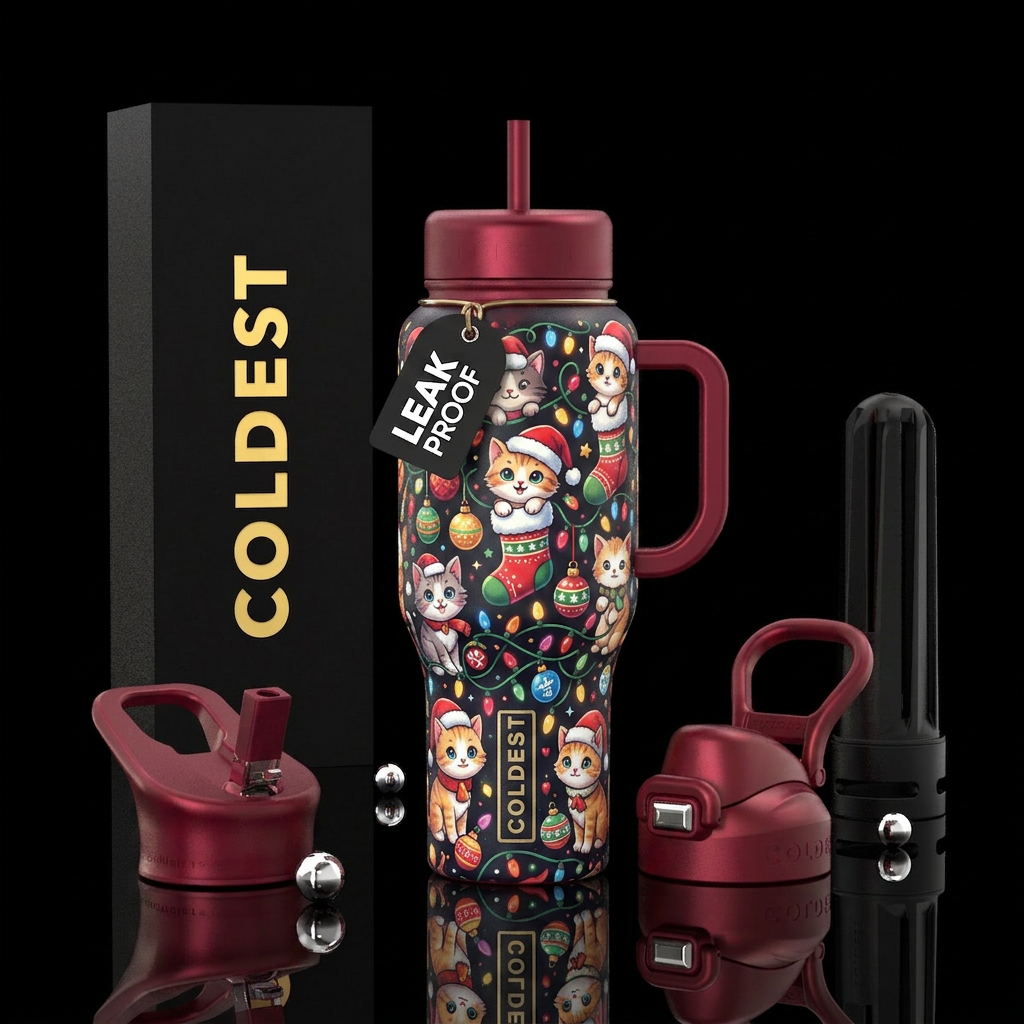 Funny cute cartoon christmas kittens wearing Santa... water bottle design