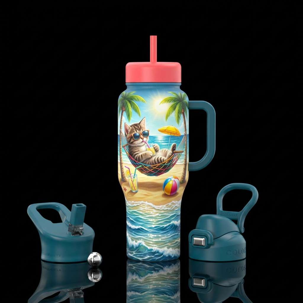 Kitten wearing sunglasses kicked back in a hammock... water bottle design
