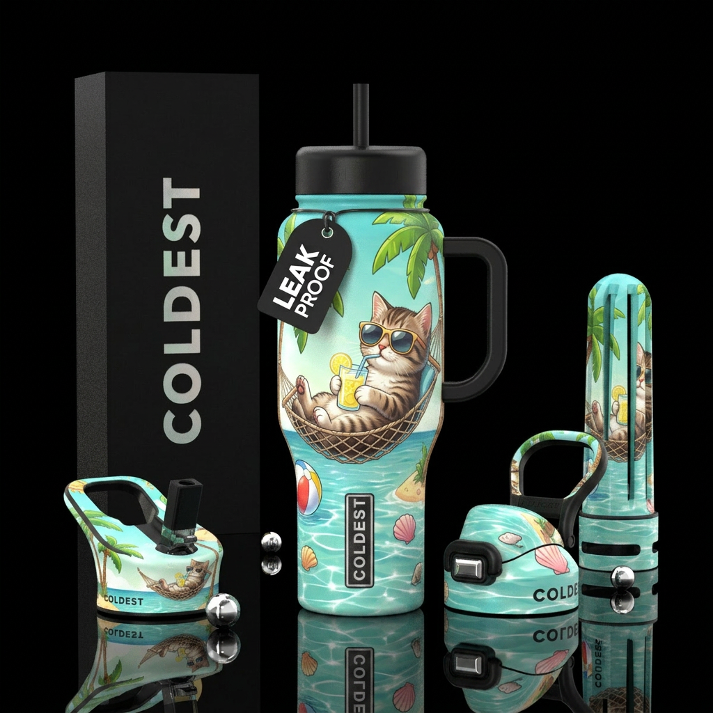 Kitten wearing sunglasses kicked back in a hammock... water bottle design