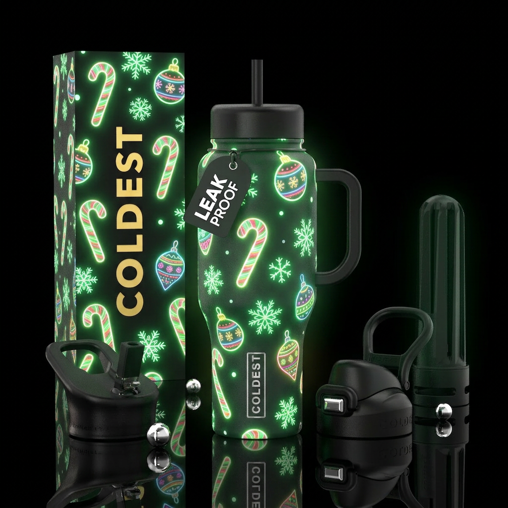Glow in the dark candy canes christmas bulbs snowf... water bottle design