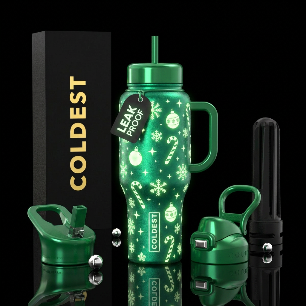 Glow in the dark candy canes christmas bulbs snowf... water bottle design