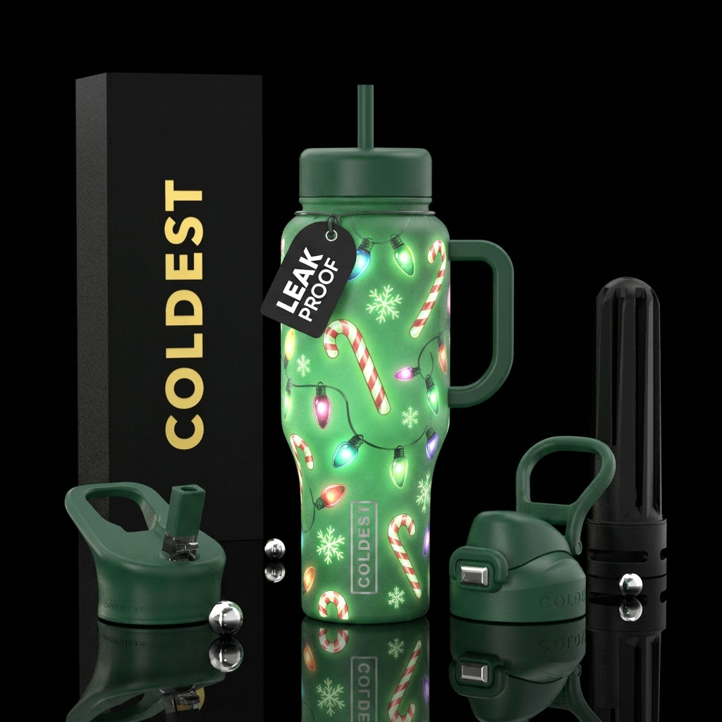 Glow in the dark candy canes christmas bulbs snowf... water bottle design