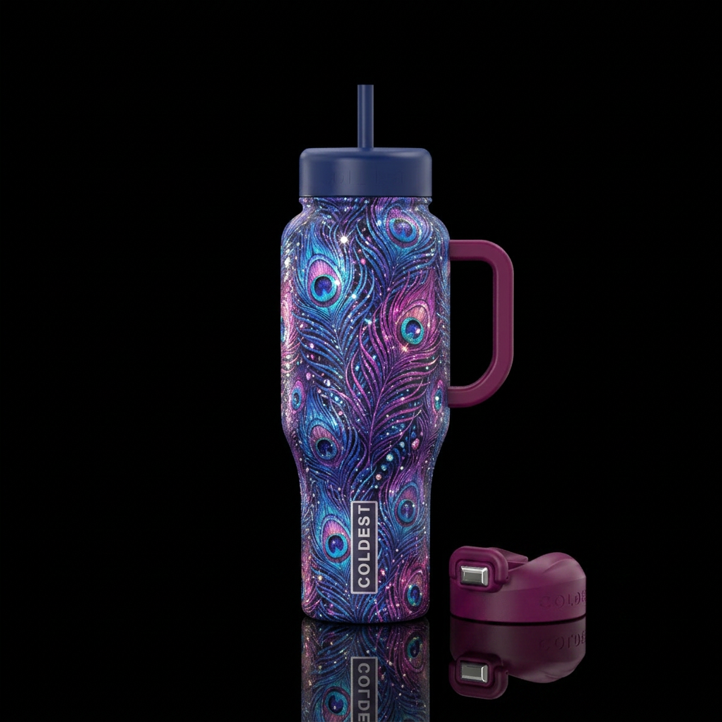 Pink blue and purple peacock feathers inbued spark... water bottle design
