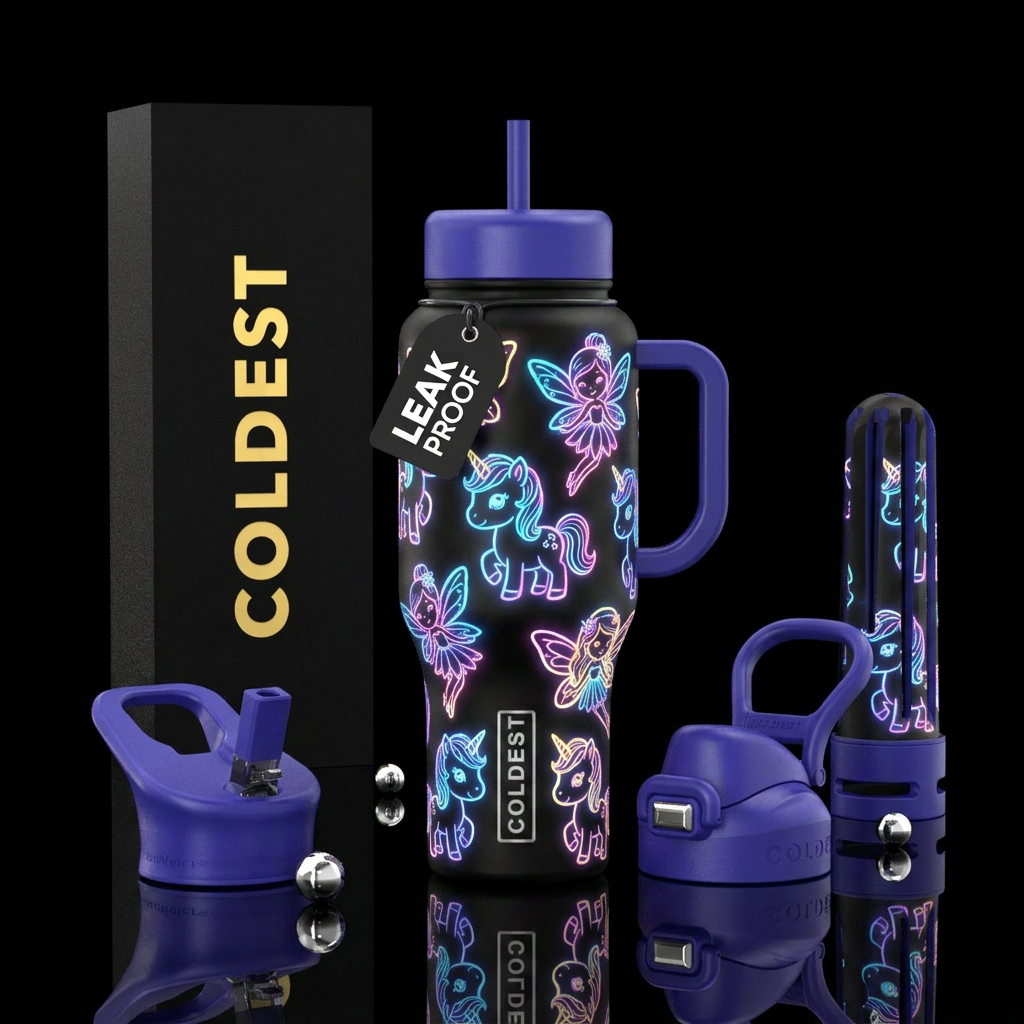 Glow in the dark baby unicorns and fairies cartoon... water bottle design