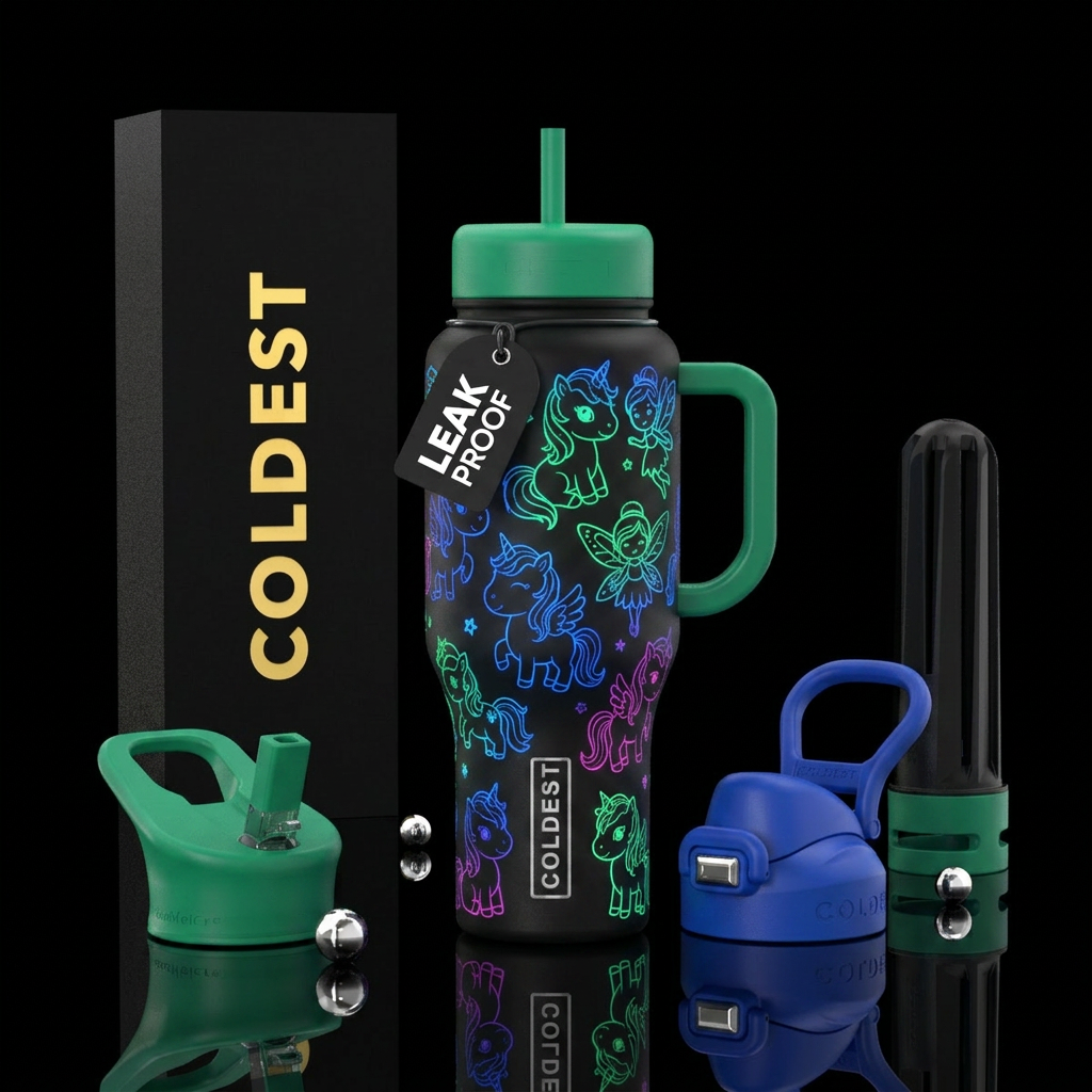 Glow in the dark baby unicorns and fairies cartoon... water bottle design