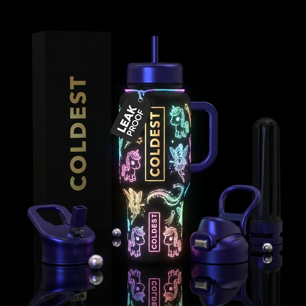 Glow in the dark baby unicorns and fairies cartoon... water bottle design