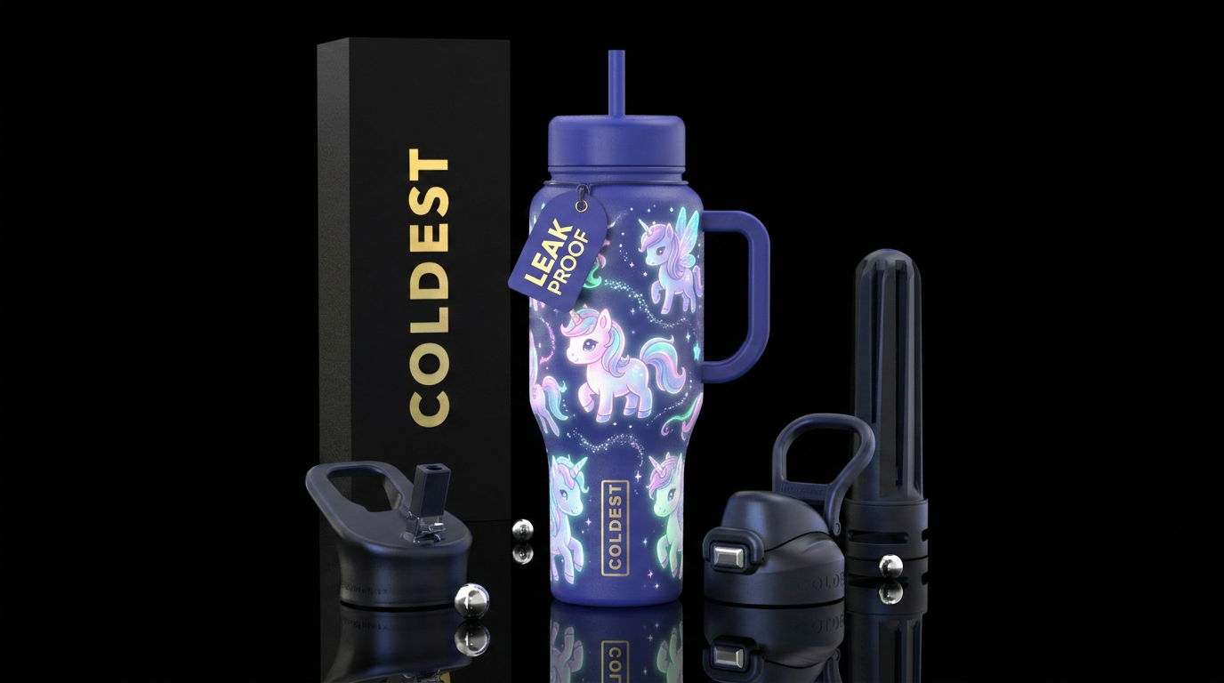 Glow in the dark baby unicorns and fairies, magica... water bottle design