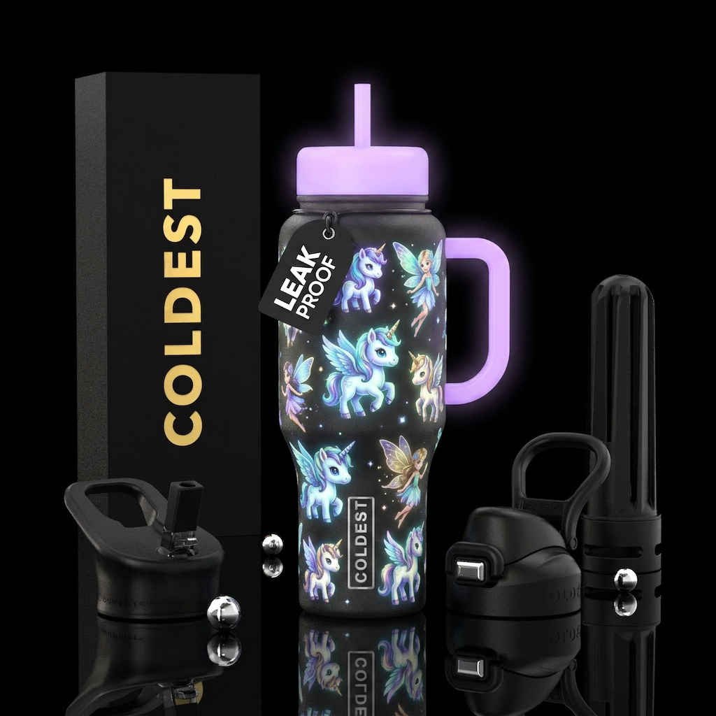 Glow in the dark baby unicorns and fairies, magica... water bottle design