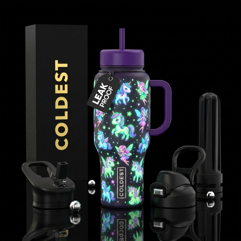 Glow in the dark baby unicorns and fairies, magica... water bottle design