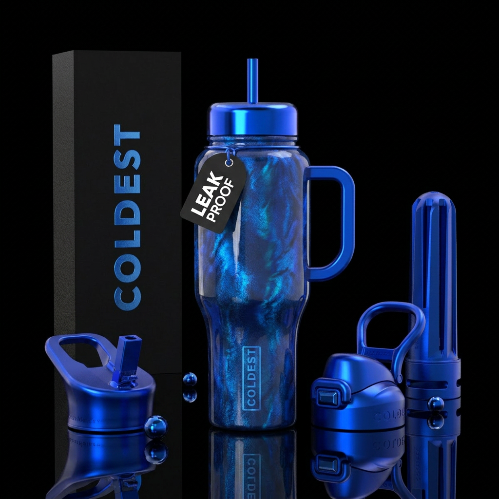 Sapphire Nova inbued, shiny, stylistic, luxurious,... water bottle design