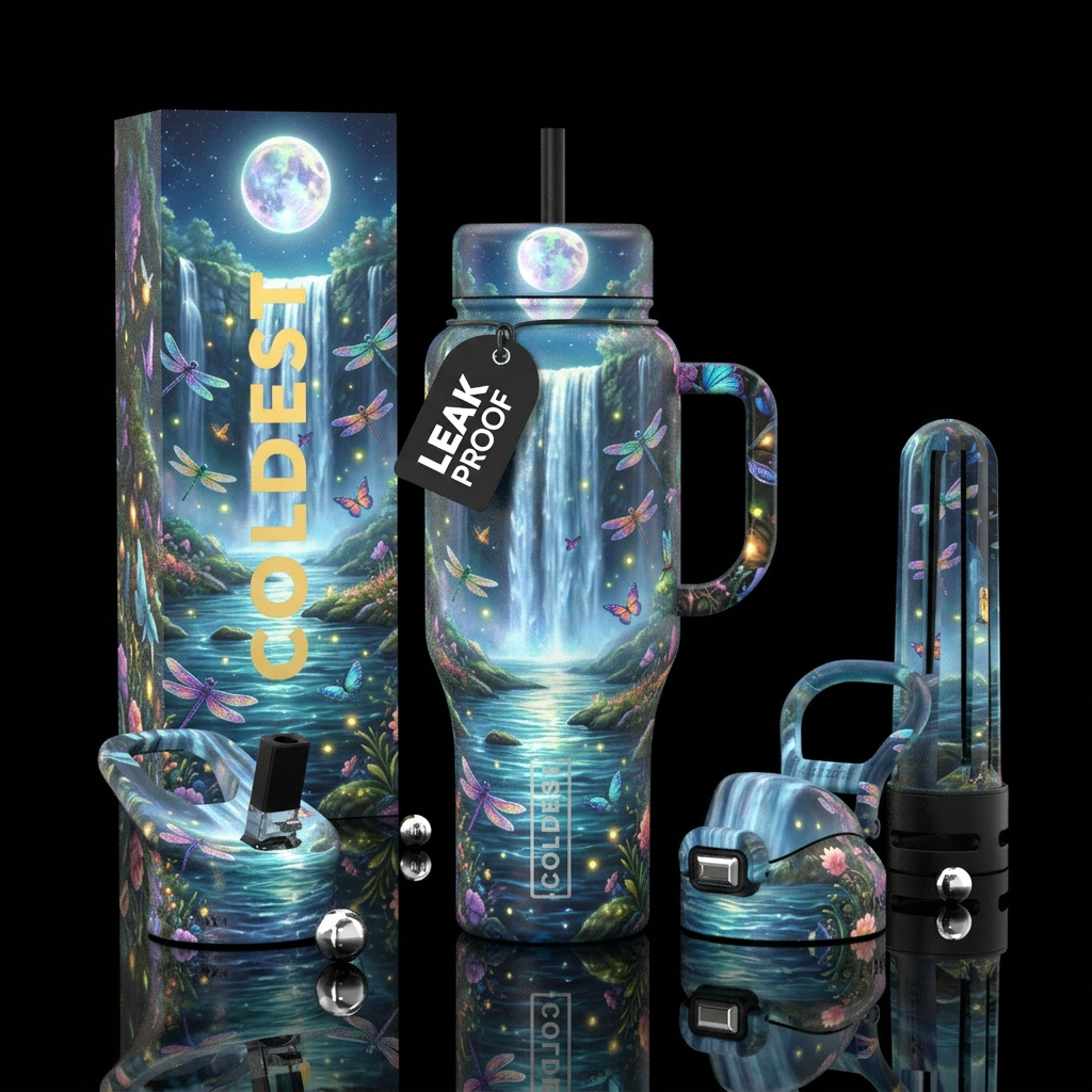 Majestic watefall with shimmering waters enchanted... water bottle design