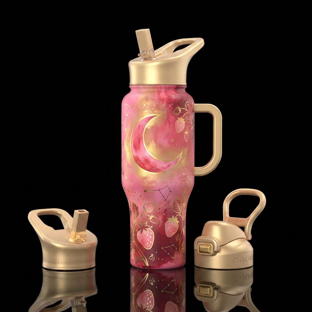 Enchanting Strawberry Moon, magical, modern, whims... water bottle design