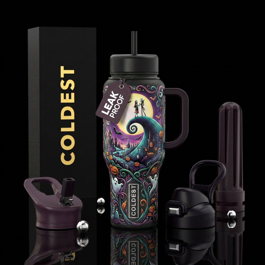 Nightmare Before Christmas inspired, vibrant, magi... water bottle design