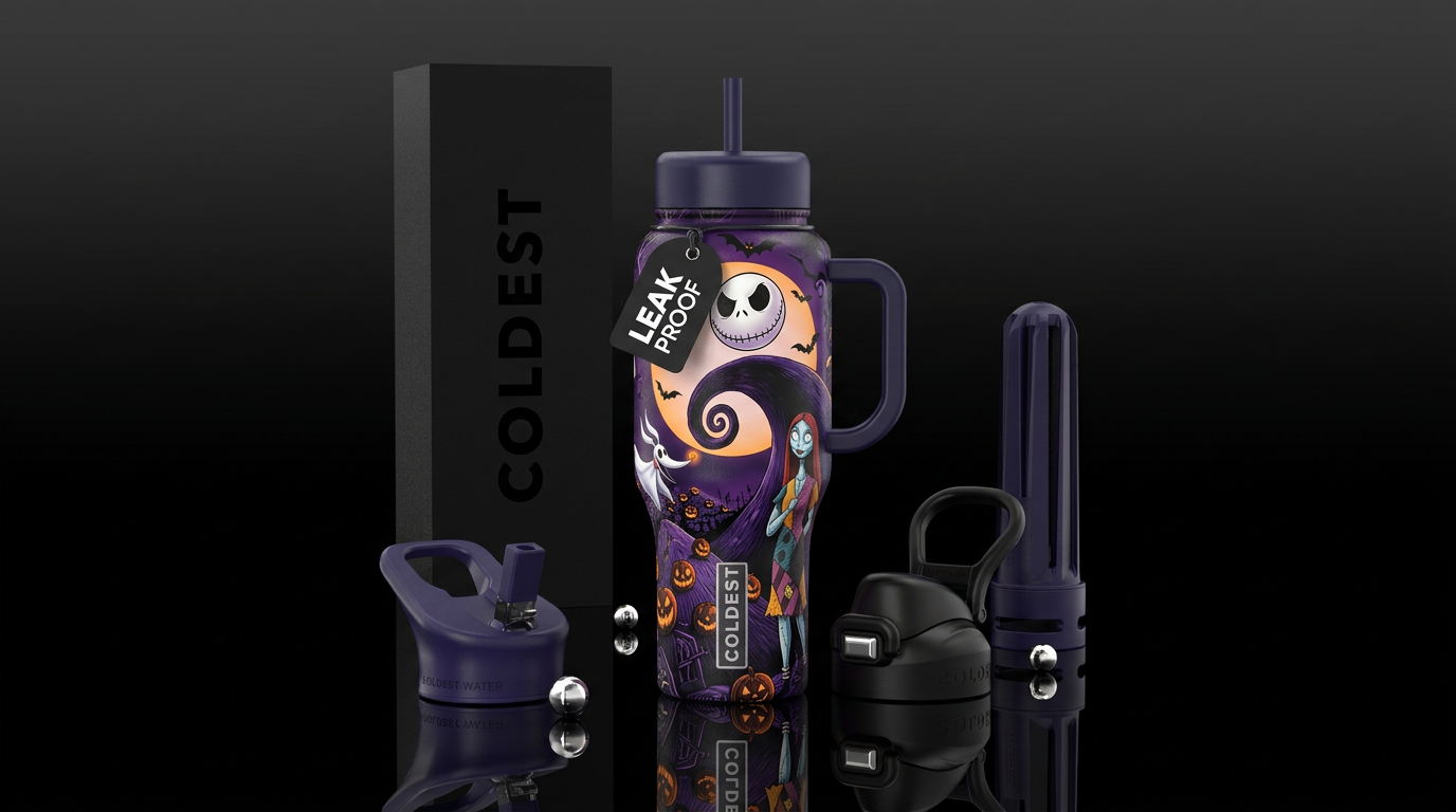 Nightmare Before Christmas inspired, vibrant, magi... water bottle design