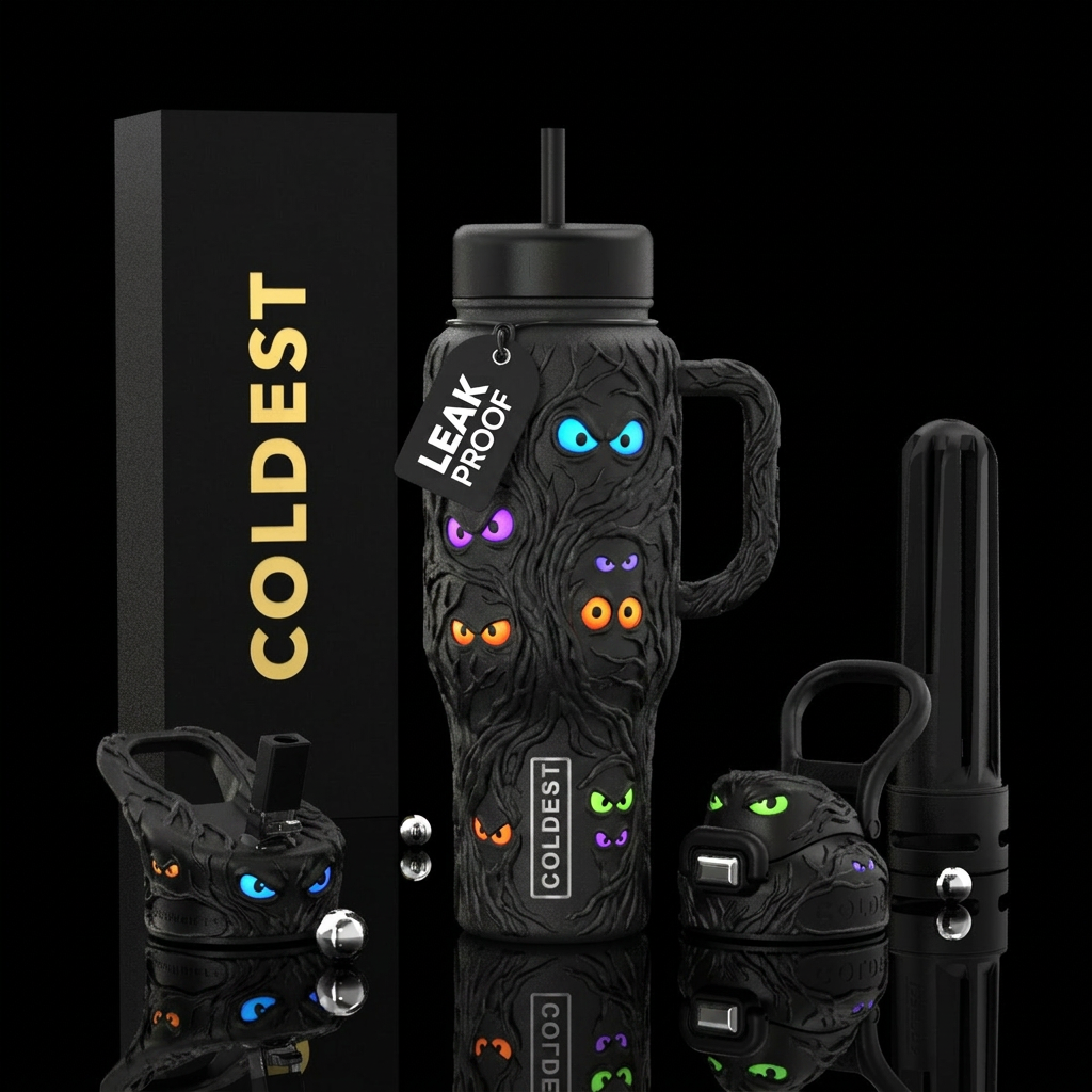 Haunted forest inbued glow in the dark eyes, scary... water bottle design