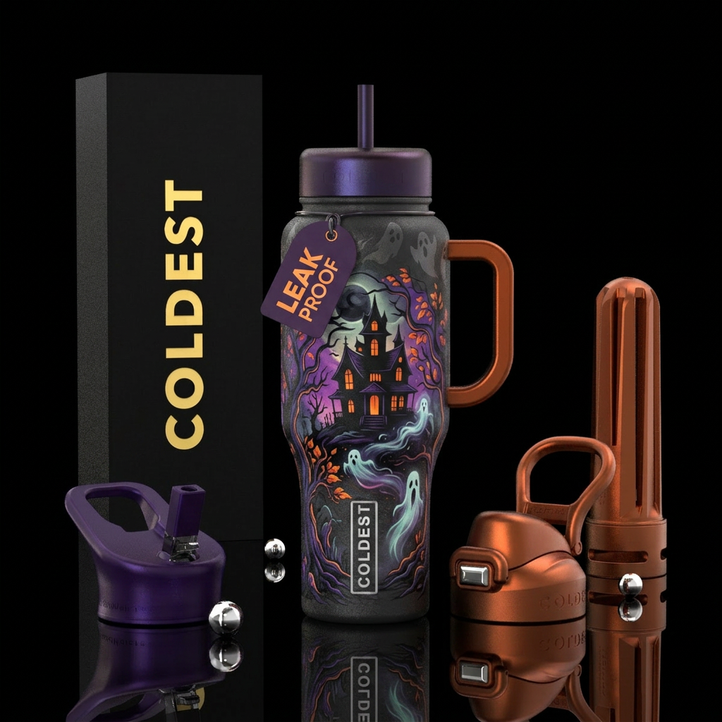 Haunted house inspired Halloween, scary, vibrant, ... water bottle design