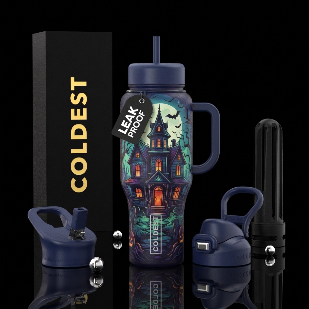 Haunted house inspired Halloween, scary, vibrant, ... water bottle design