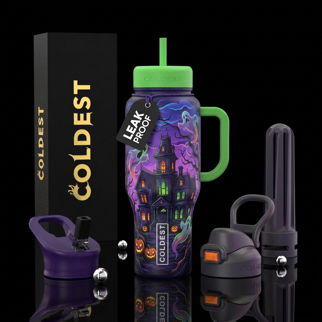 Haunted house inspired Halloween, scary, vibrant, ... water bottle design