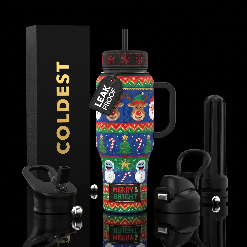 Christmas ugly sweater, funny, vibrant, modern, ar... water bottle design