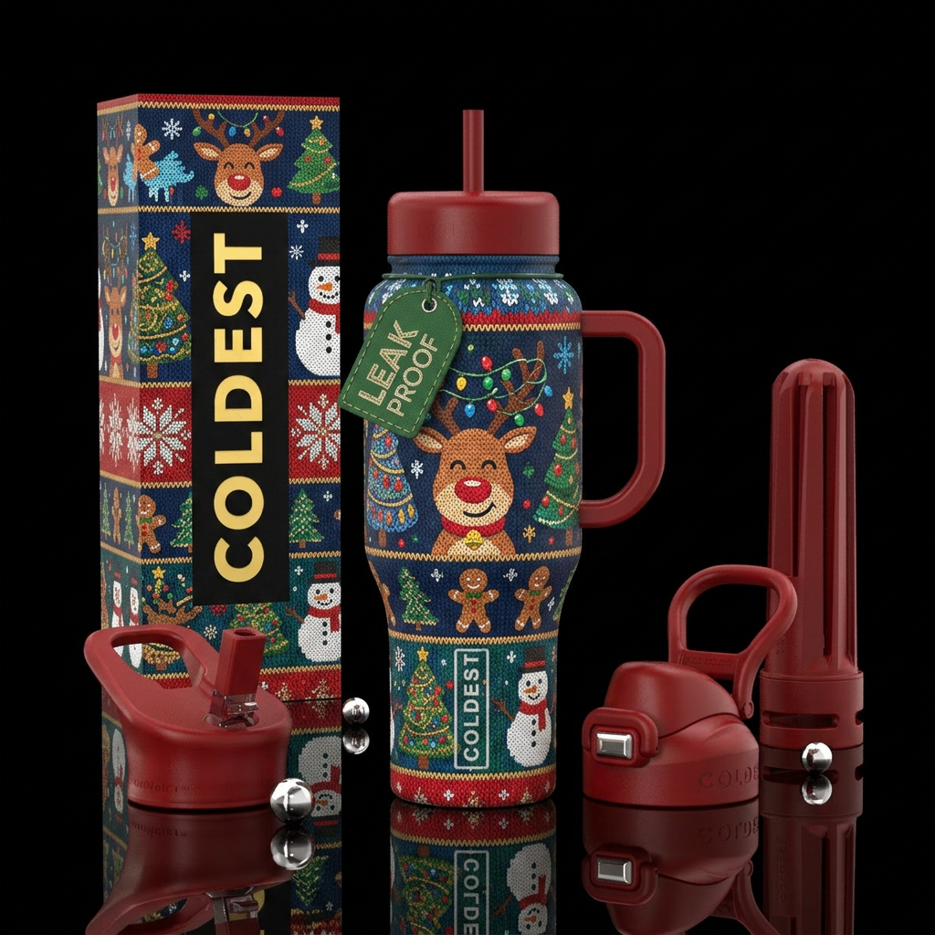 Christmas ugly sweater, funny, vibrant, modern, ar... water bottle design