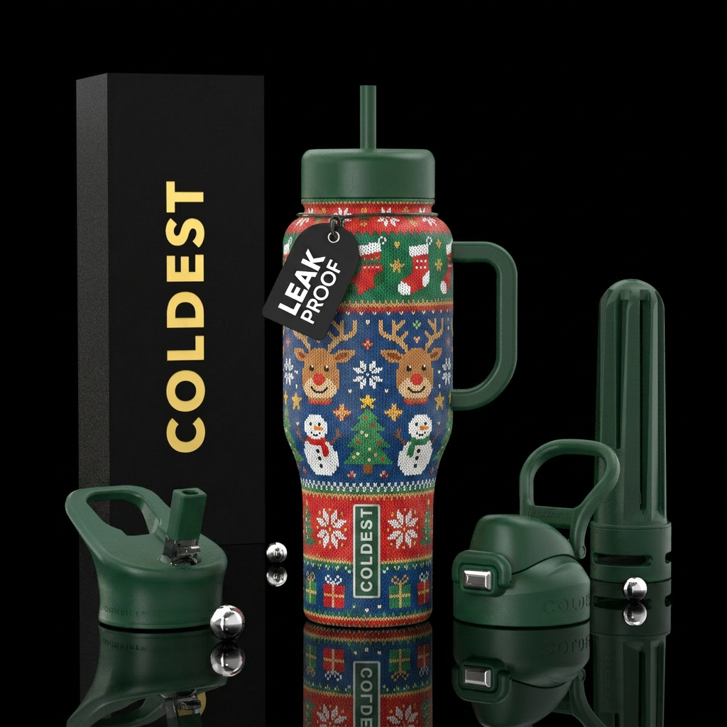 Christmas ugly sweater, funny, vibrant, modern, ar... water bottle design
