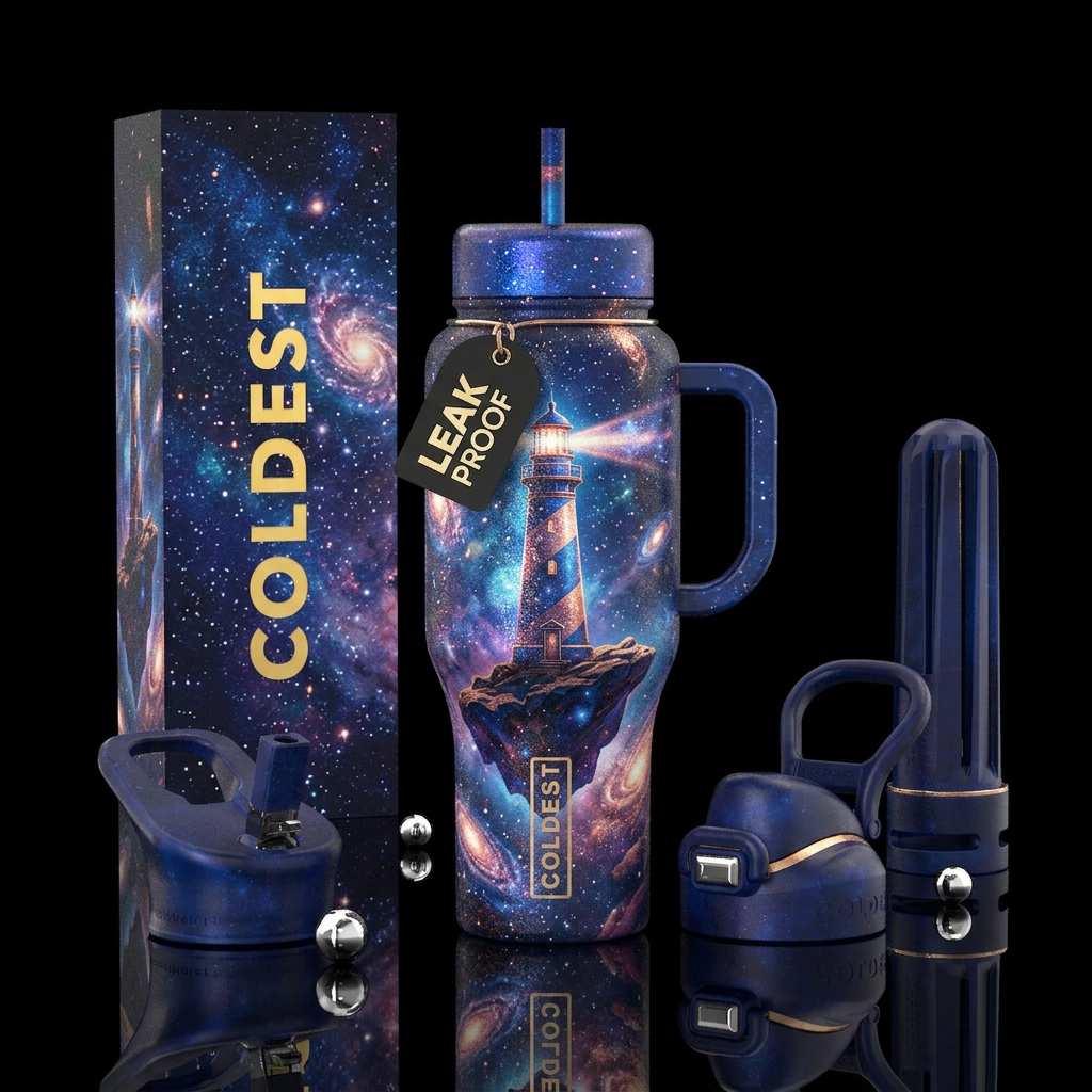 Galactic lighthouse, vibrant, beautiul, fantasy, m... water bottle design