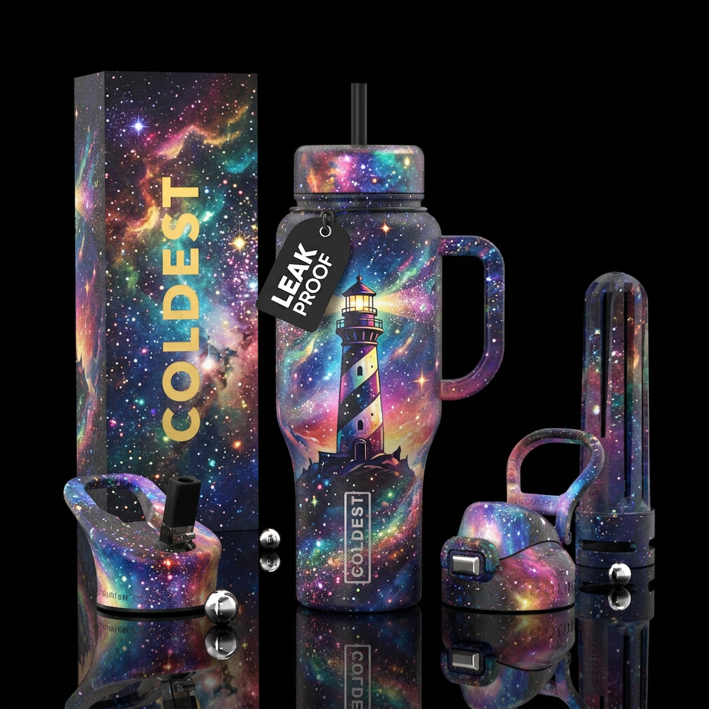 Galactic lighthouse, vibrant, beautiul, fantasy, m... water bottle design