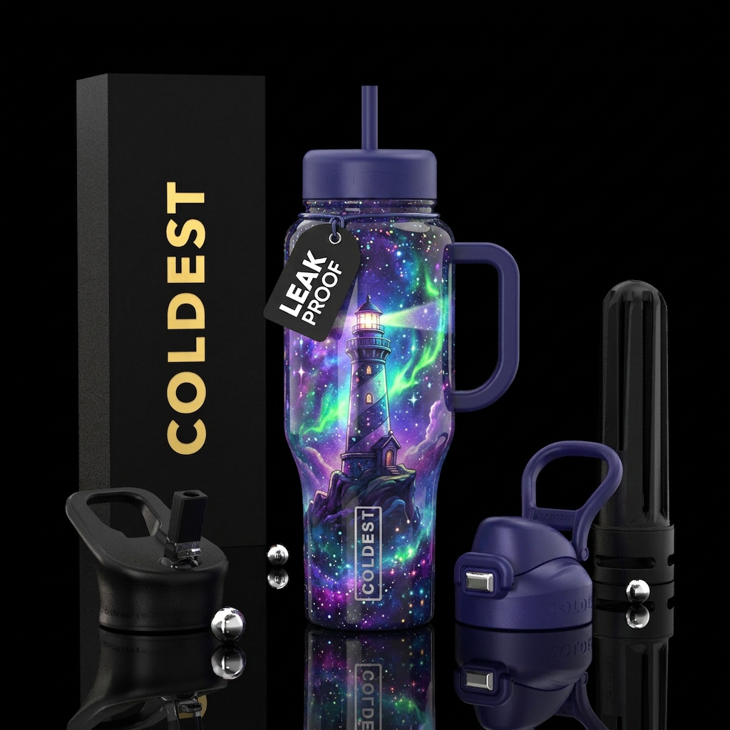 Galactic lighthouse, vibrant, beautiul, fantasy, m... water bottle design