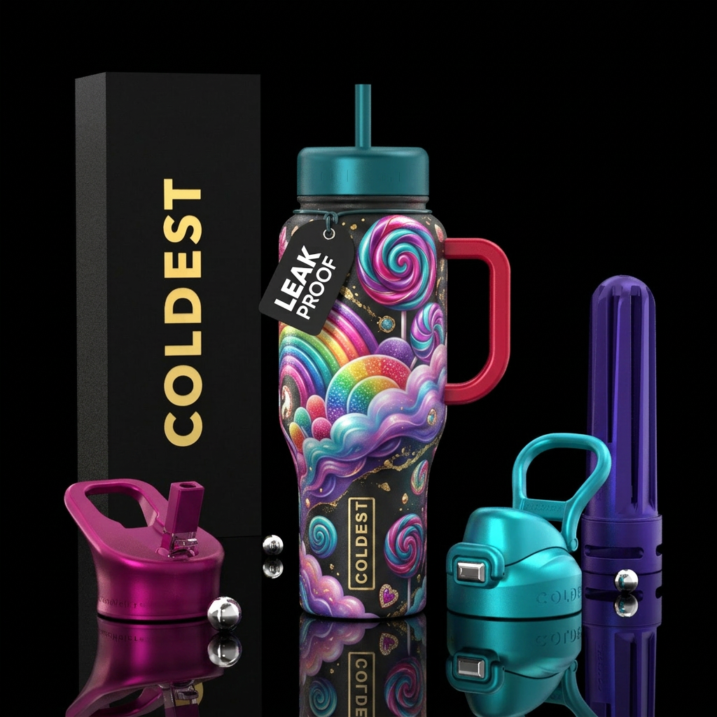 Candyland inspired, vibrant, magical, modern, arti... water bottle design