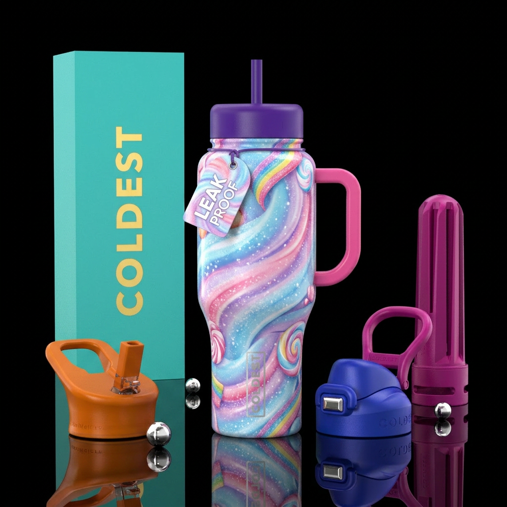 Candyland inspired, vibrant, magical, modern, arti... water bottle design