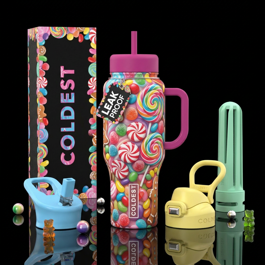 Candyland inspired, vibrant, magical, modern, arti... water bottle design