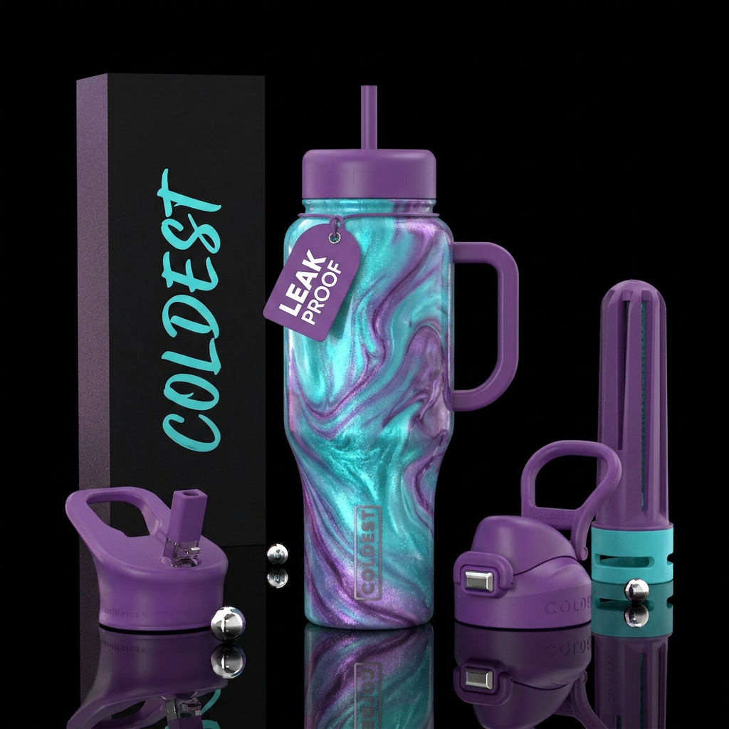 Turquoise and amethyst marbled shimmer, magical, f... water bottle design