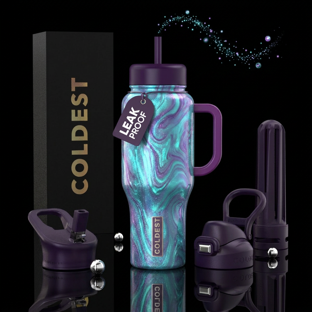 Turquoise and amethyst marbled shimmer, magical, f... water bottle design