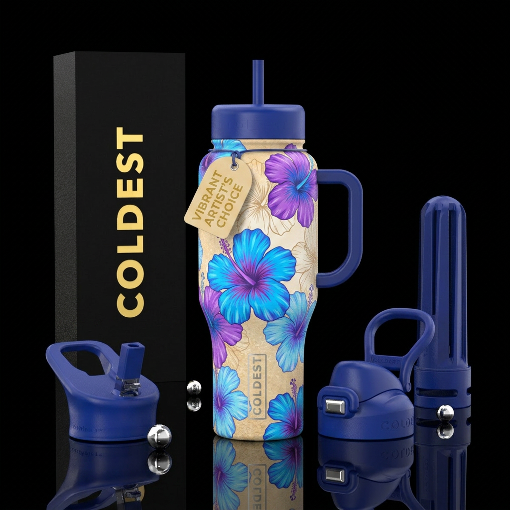 Bright blue with purple center hibiscus flowers Pu... water bottle design