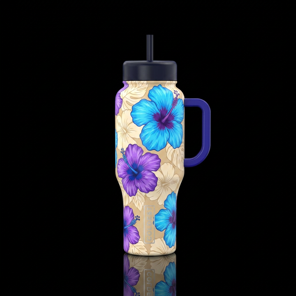 Bright blue with purple center hibiscus flowers Pu... water bottle design