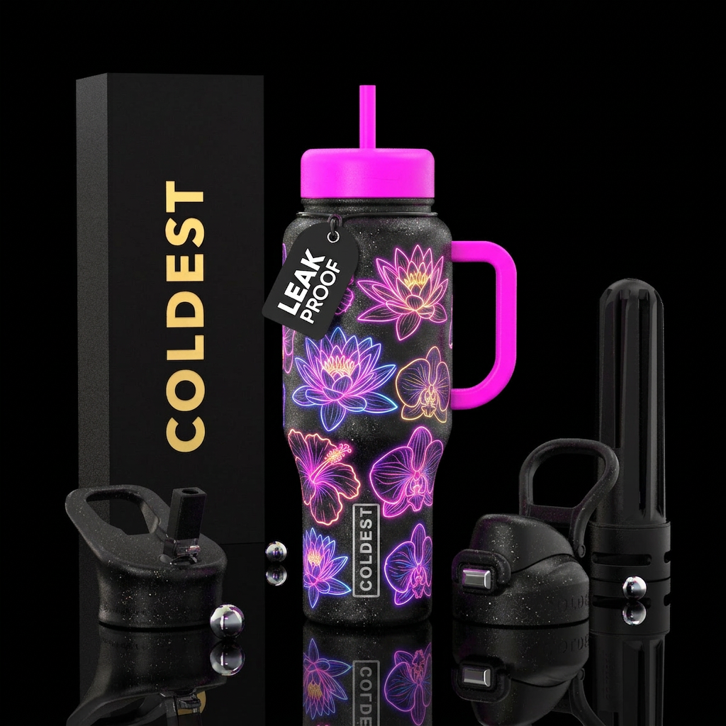 Neon lily outlines,neon hibiscus flower outlines,n... water bottle design