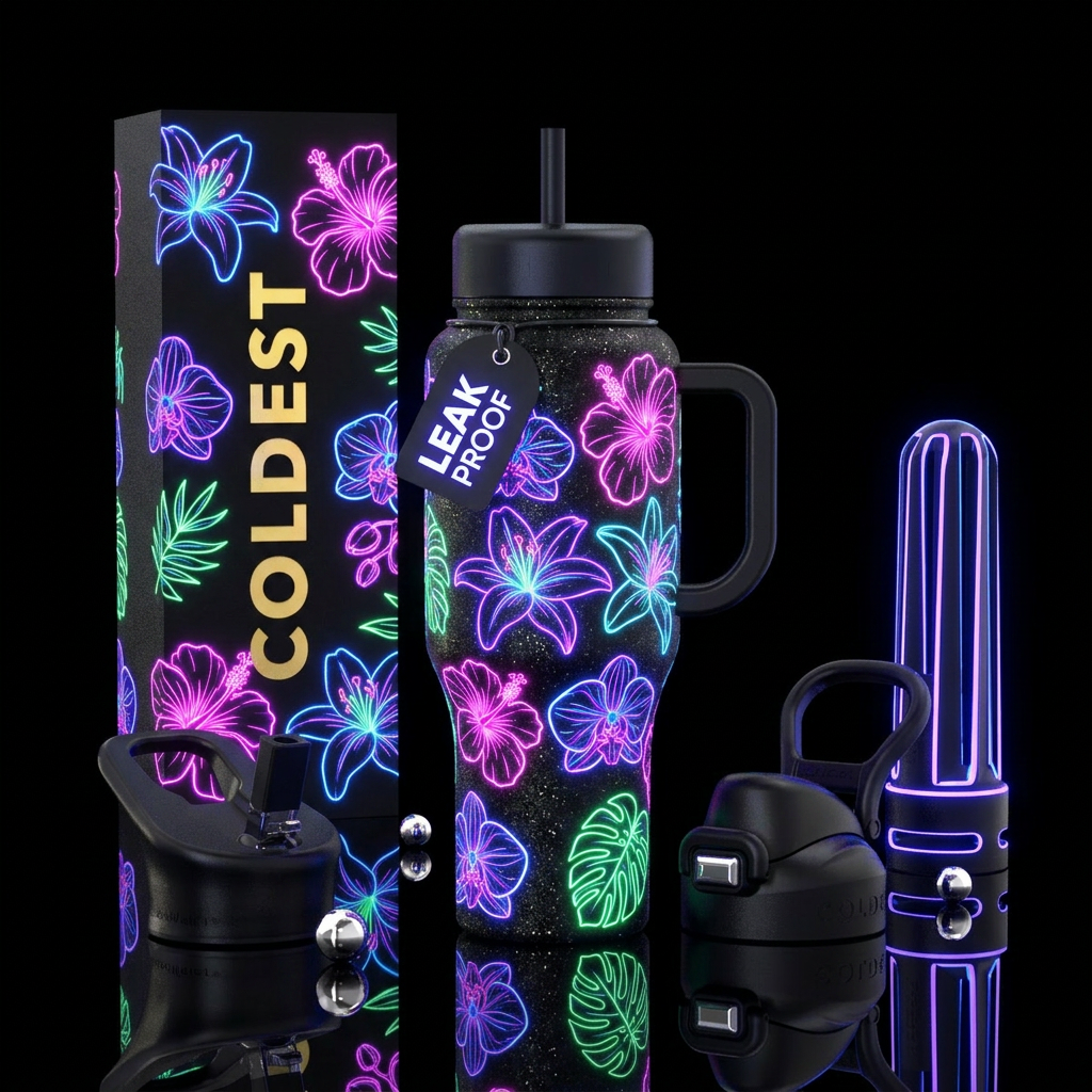 Neon lily outlines,neon hibiscus flower outlines,n... water bottle design