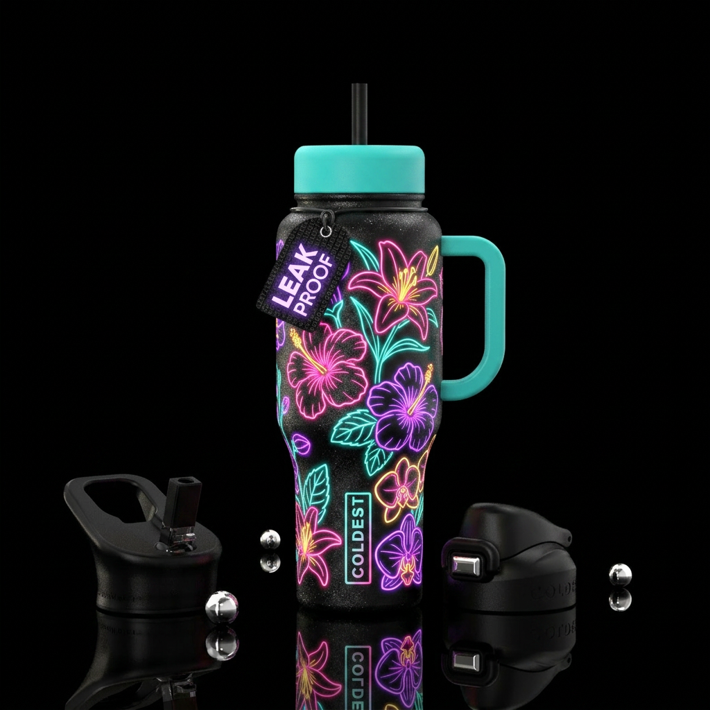 Neon lily outlines,neon hibiscus flower outlines,n... water bottle design