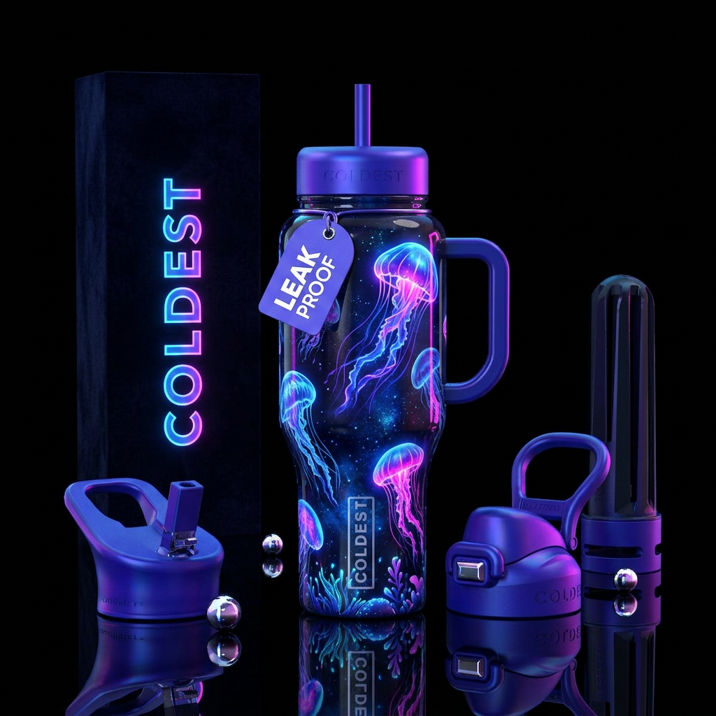 Bright neon jellyfish glow in the dark with a dark... water bottle design