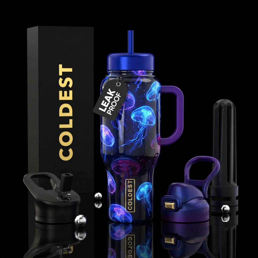 Bright neon jellyfish glow in the dark with a dark... water bottle design