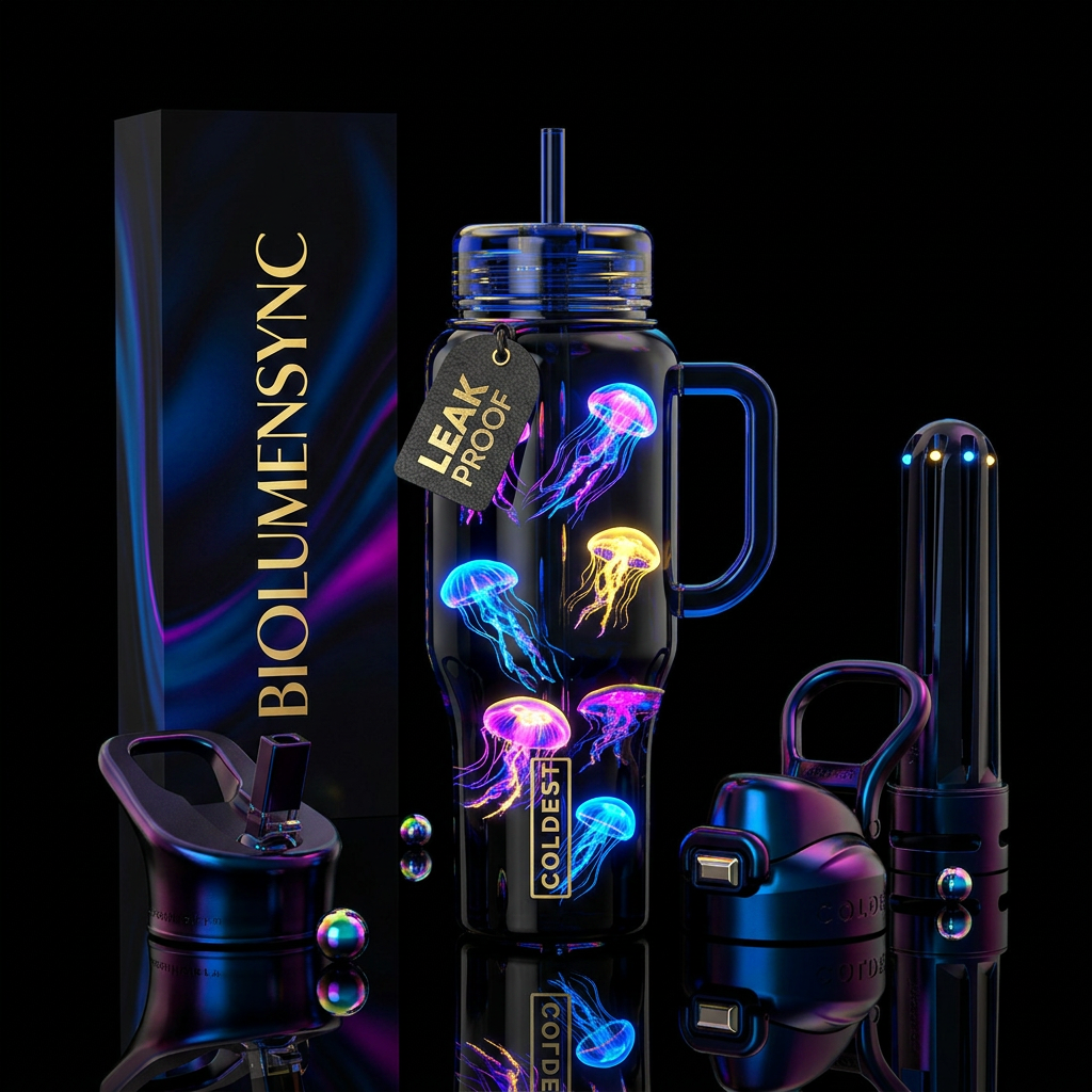Bright neon jellyfish glow in the dark with a dark... water bottle design