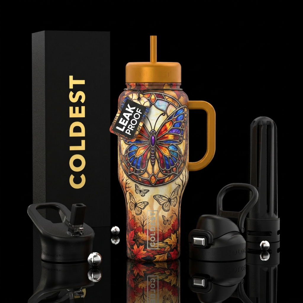 Butterfly that looks like stained glass then a fal... water bottle design