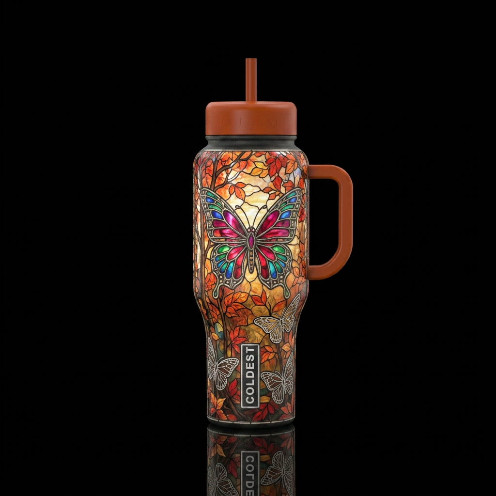 Butterfly that looks like stained glass then a fal... water bottle design