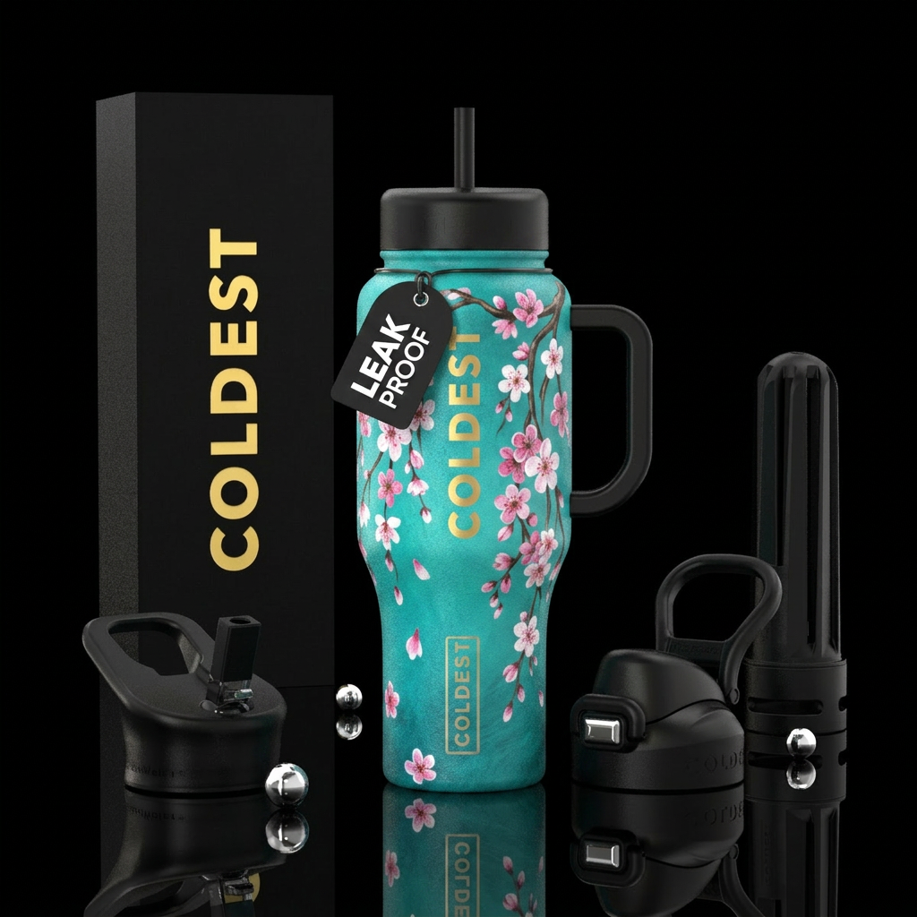 Teal turquoise background with weeping cherry tree... water bottle design