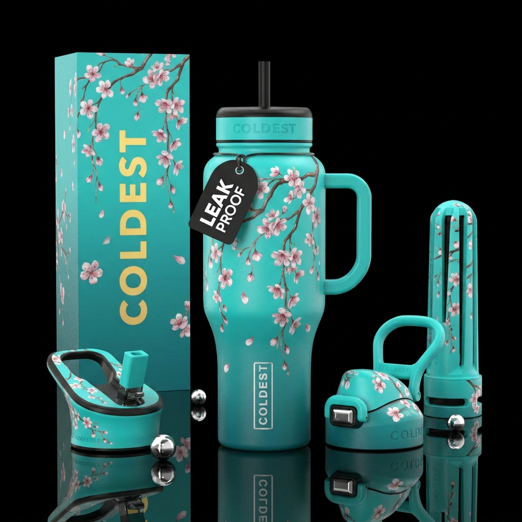 Teal turquoise background with weeping cherry tree... water bottle design