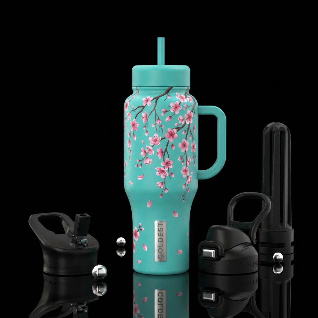 Teal turquoise background with weeping cherry tree... water bottle design